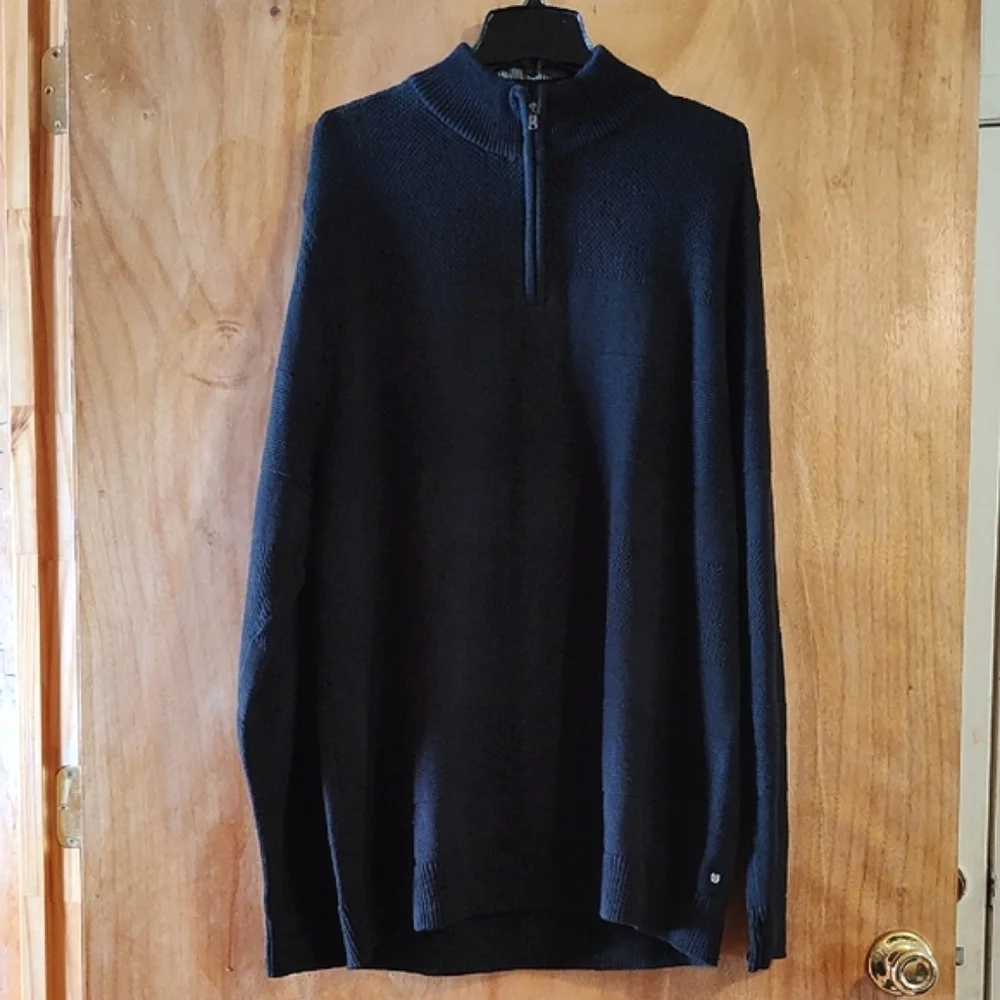 Chaps Mens Pullover Sweater Black Textured Ribbed Quarter Zip 100% Cotton XL